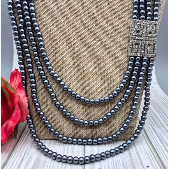 NWT Dark Gray Faux Pearl Mutli Strand Bead Necklace Long Layered Crystal Accent - Picture 3 of 8